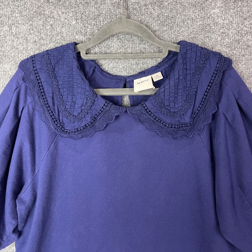 Maeve Anthropologie Top Womens Medium Blue Peter Pan Collar Lace Trim - Picture 3 of 8